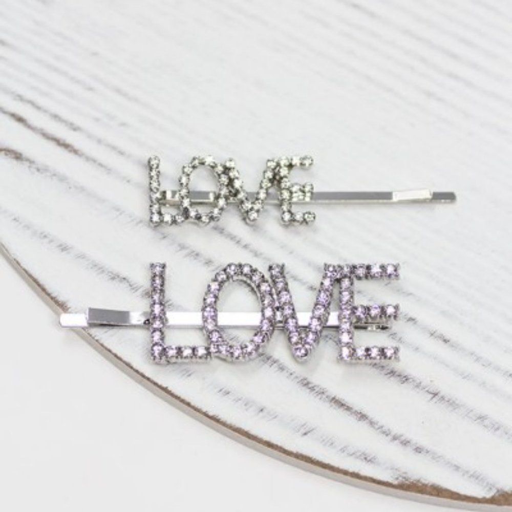 SILVER CRYSTAL LOVE BOBBY PIN HAIR BARRETTES
